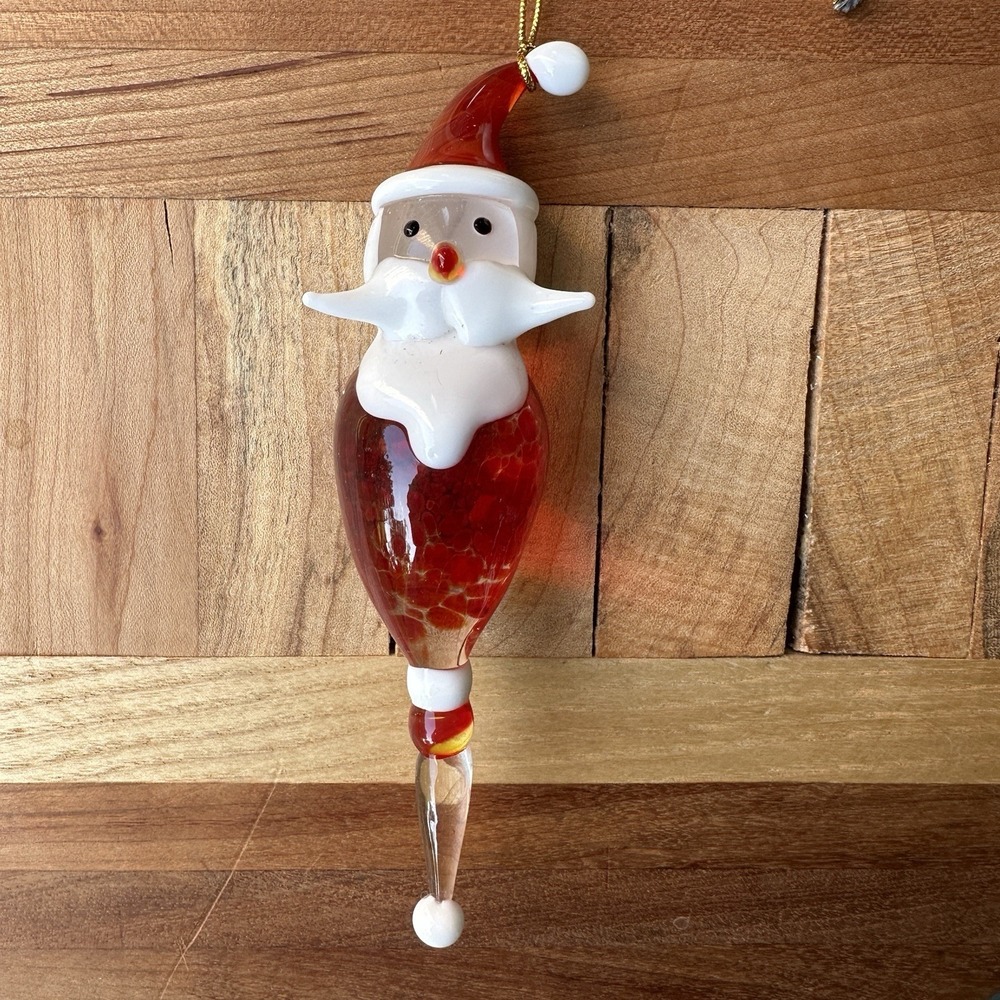 VTG Hand Blown Art Glass‎ Santa Christmas Tree Ornament 5 Inch Red White Clear